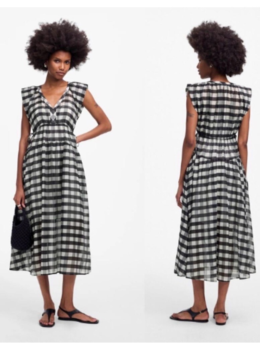 Madewell Black & White Gingham V-Neck Sleeveless Midi Dress